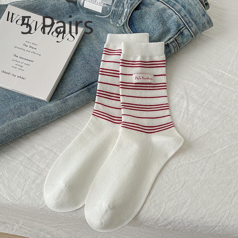 5 Pairs of Women's Casual Versatile Fabric Pinstripe Preppy Sports Tube Stack Socks
