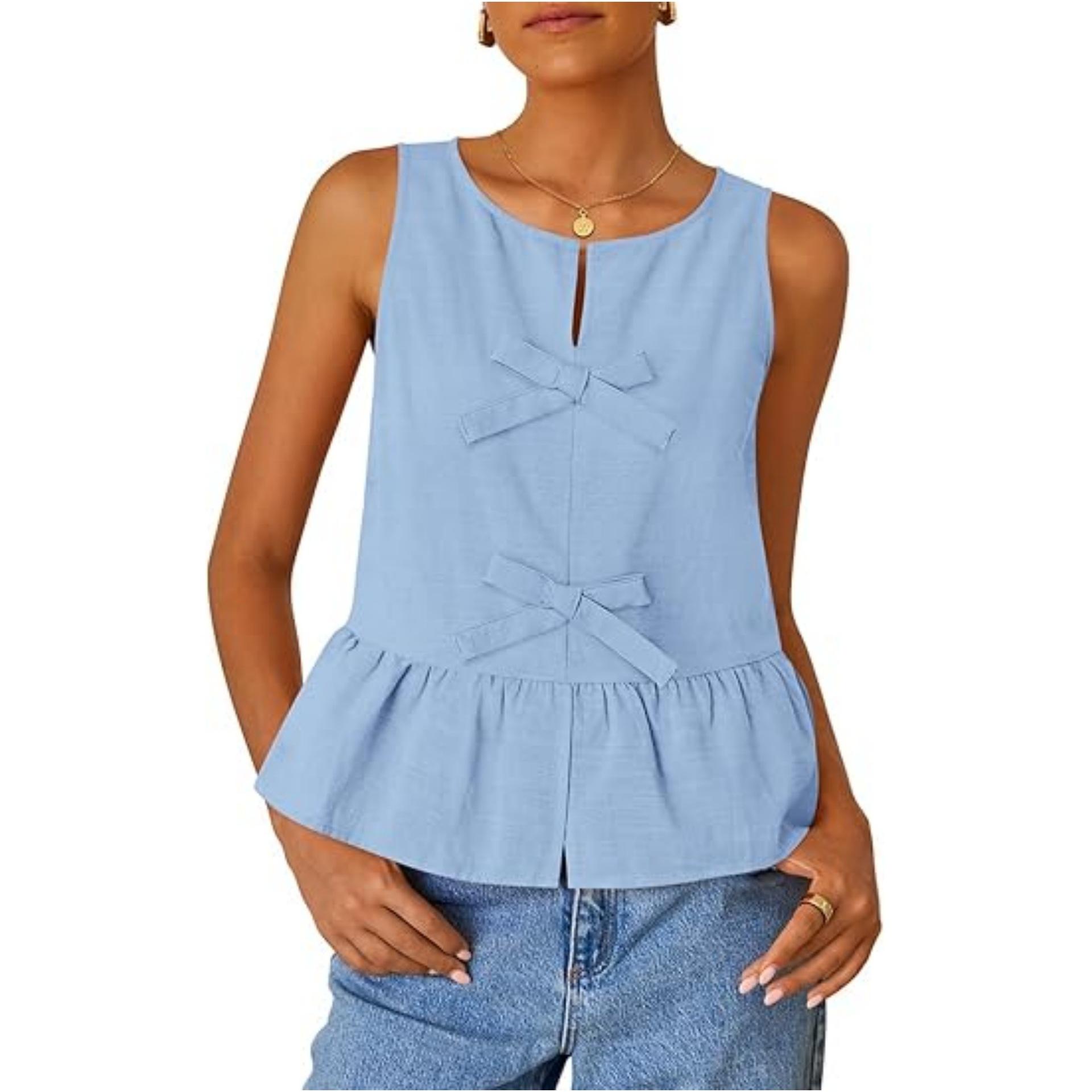 

2025 Однотонная рубашка без рукавов с бантом и завязкой, повседневная одежда XL небесно-голубой