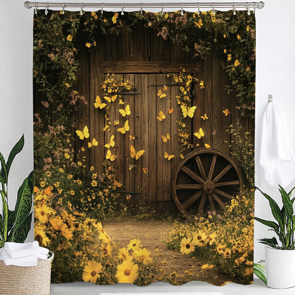 1pc Country Farm Barn, Flower Sunflower Print Waterproof Shower Partition Privacy Hanging Curtain with Hooks Machine Washable