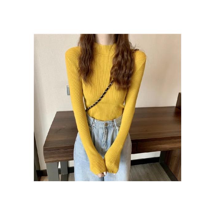 Women's 2026 Autumn Slim Fit Black Knit Long-Sleeve Half-High Neck Sweater