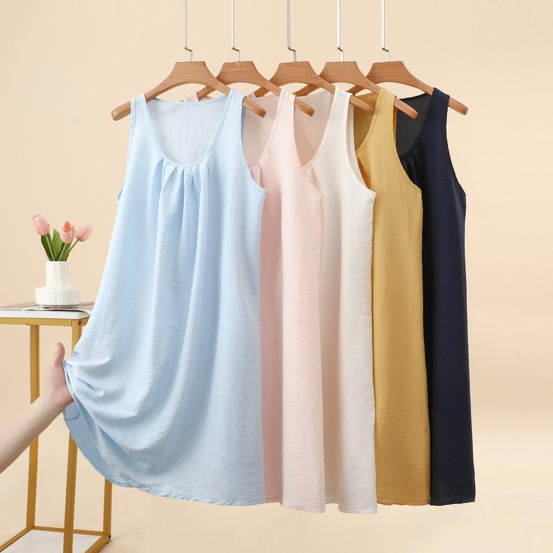 Summer Women's Yunjin Cotton Solid Color Sleeveless Cami Tank Dress Loose Fit Casual Home Nightgown Fashion Daily Outdoor Loungewear Dress