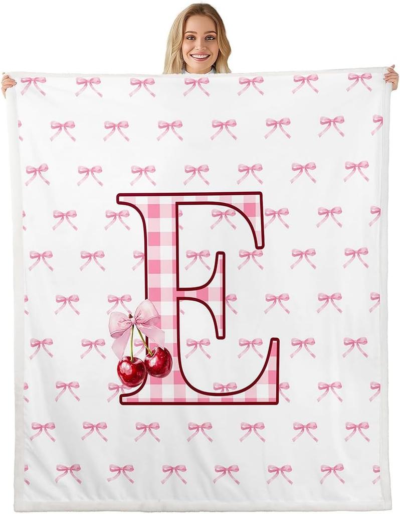 Erosebridal Initial P Letter Bowknot Fleece Blanket Throw Pink Bow Tie Cherry Sherpa Blanket Princess Coquette Decor Fuzzy