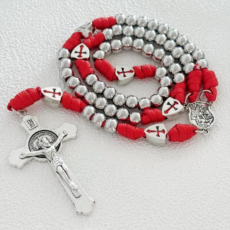 Paracord Rosary Red Rope Stainless Steel Beads St Michael Medal St Benedict Crucifix Jerusalem Cross Beads Prayer Rosar