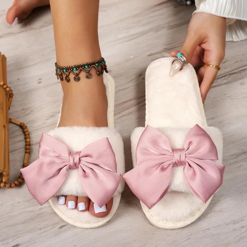 New Autumn Winter Women's Home Cotton Slippers Women Elegant Flat Bottom Warm Head Plush Slippers Trendy Butterfly Knot Slippers