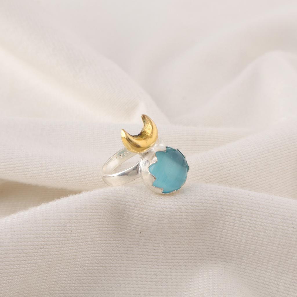 Round Blue Cat's Eye Stone Sterling Silver Cocktail Handcrafted Mother Gift Ring RR-58-48