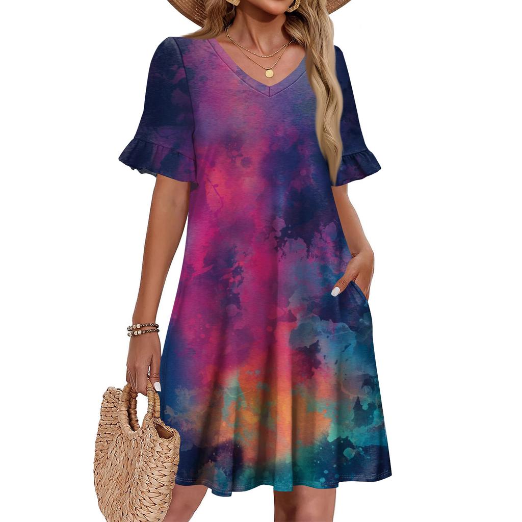 Women A Line Sun Dress Short Sleeve V Neck Printed Dress With Pockets