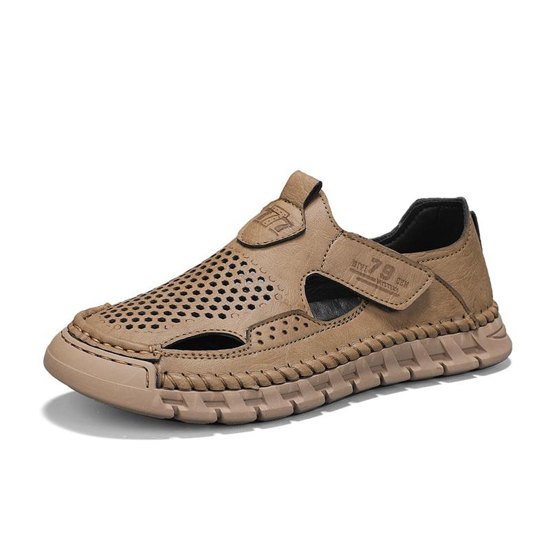 Fashion Men's Casual Leather Sandals Lightweight Summer Flats Stylish Beach Shoes Comfortable Hollow Out Loafers Male Magic Glue Sandals