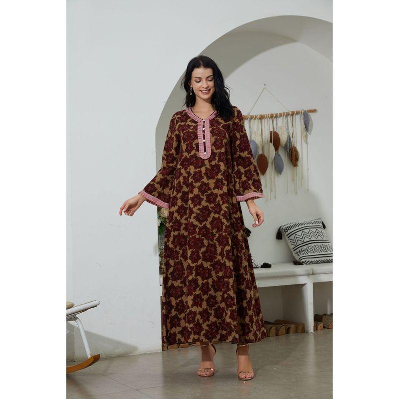 

Ближний Восток Дубай Халат Женская одежда Новая Мода Повседневное Свободное Платье с Принтом Вышитое Платье Brown 2XL