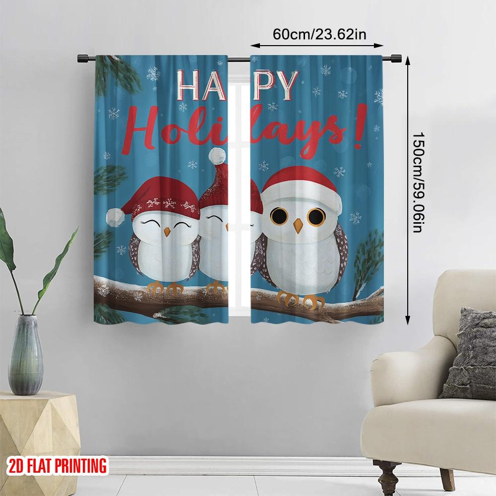 2pcs,2D plane printing Contemporary Curtains Santa Hat Owls_ Snowflakes Durable 100% Polyester Fabric (without rod) All Seasons