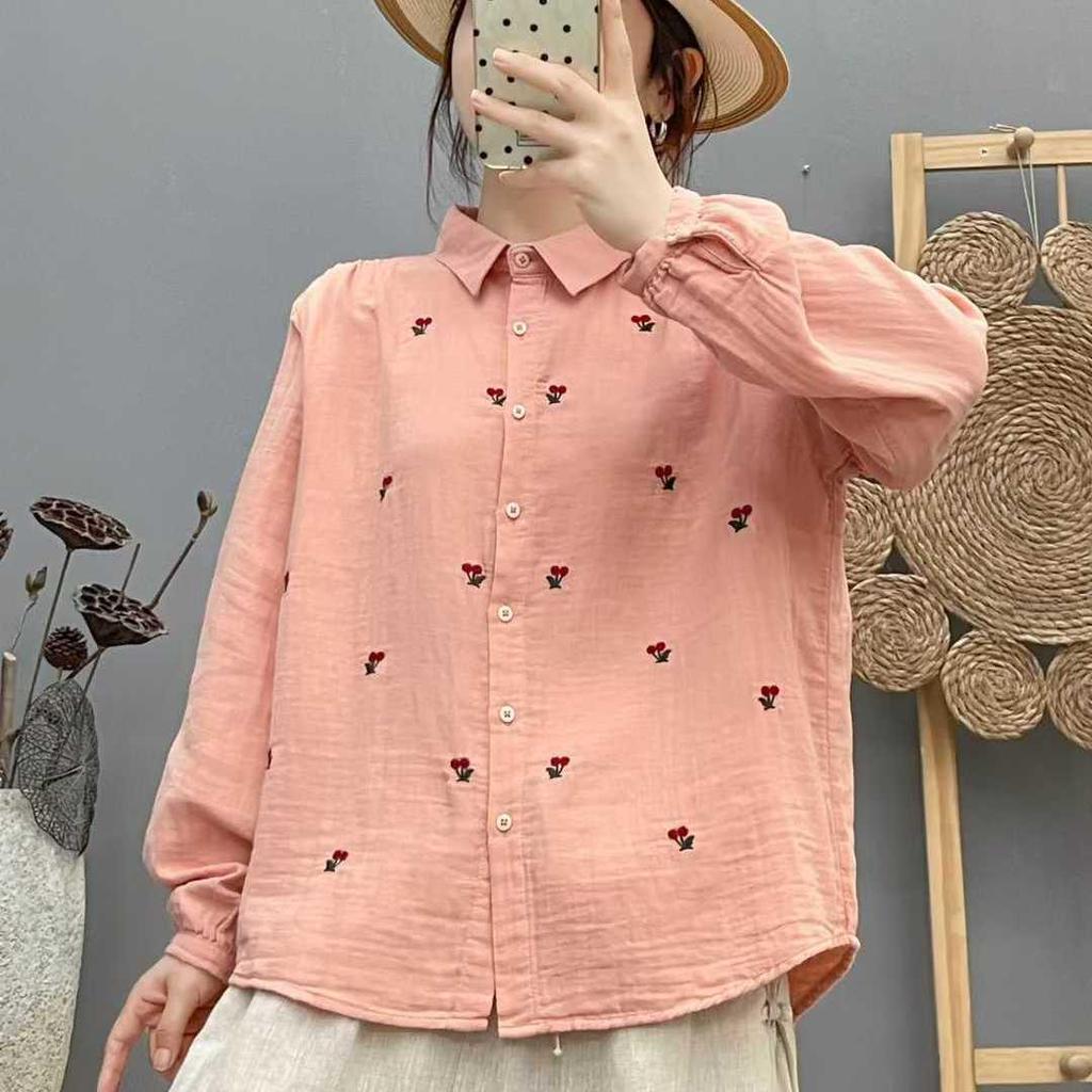 2026 Spring Women's Long-Sleeve Cherry Embroidery Double-Layer Gauze Shirt - Soft Pure Cotton, Versatile Commuter Style
