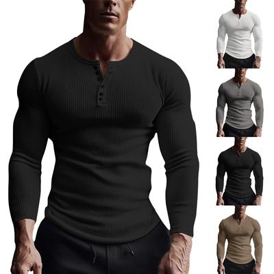 Men's Round Neck Button Long Sleeve Shirt Men's Casual Fashion Solid Color Shirt