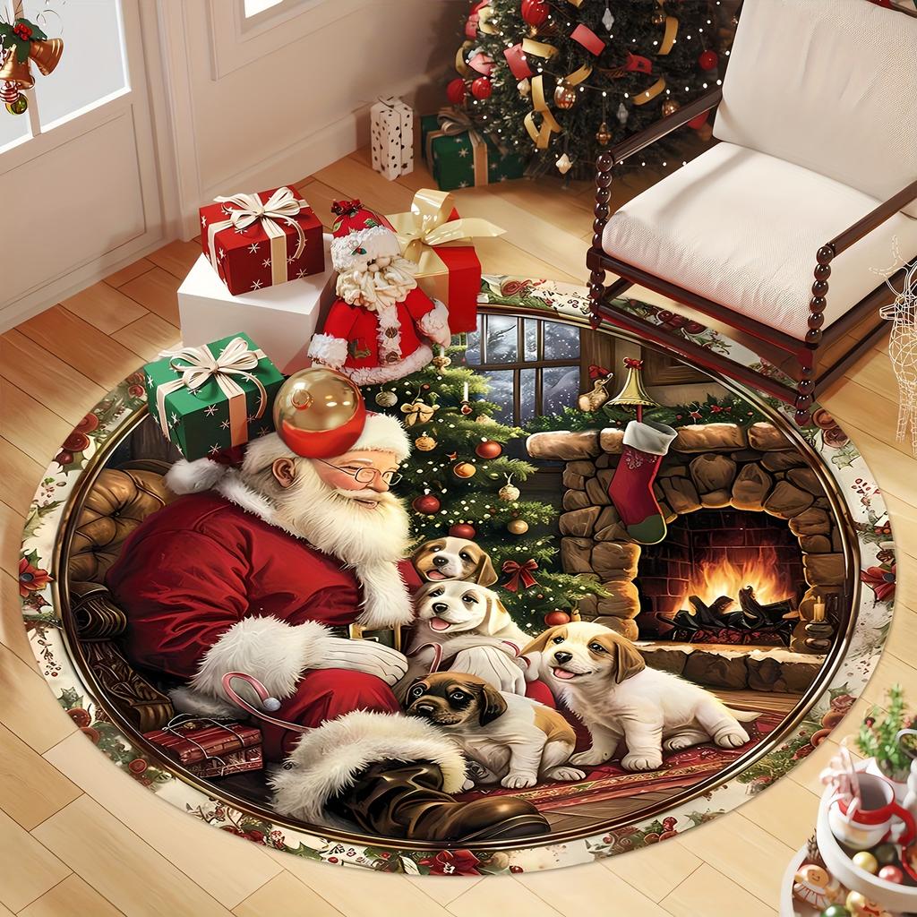 Santa and Puppy Christmas Round Rug, Welcome Doormat for Entrance, Washable Flannel Mat for Living Room, Patio, Festive Decor