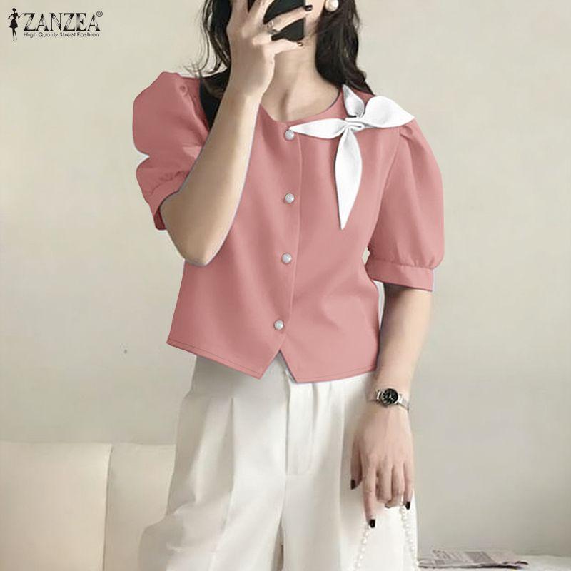 ZANZEA Women Casual Round Neck Summer Short Sleeve Blouse