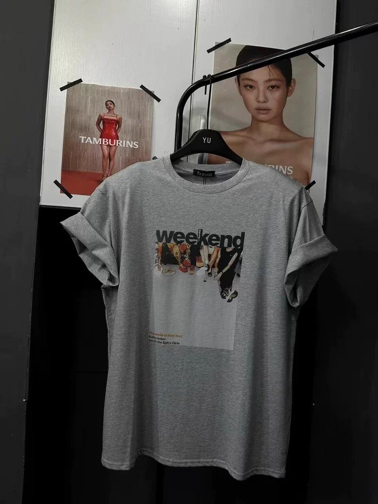 

Women s Plus Size Retro Letter Print Loose Cotton T-Shirt - Summer New Arrival M світло-сірий колір