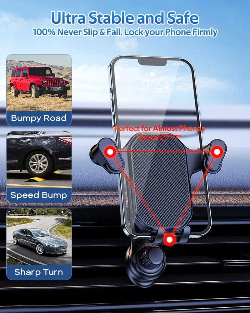 Soporte para Teléfono de Coche con Gravedad | Soporte con Pinza para Rejilla de Ventilación Giratorio 360° | Soporte Universal de Agarre Automático | para Todos los Smartphones y Coches