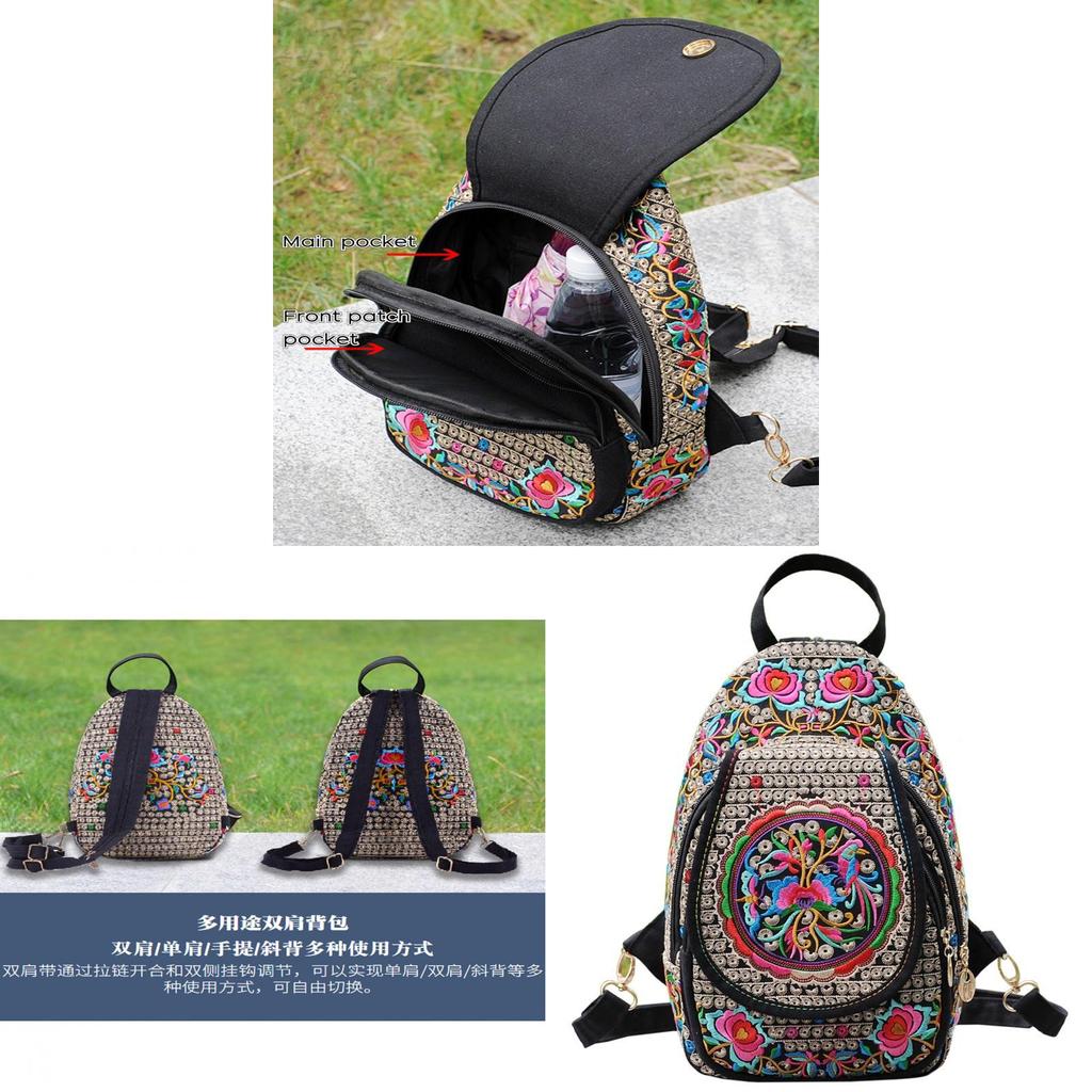 Canvas Vintage Embroidered Backpack With Floral Pattern For Casual Travel And Girls