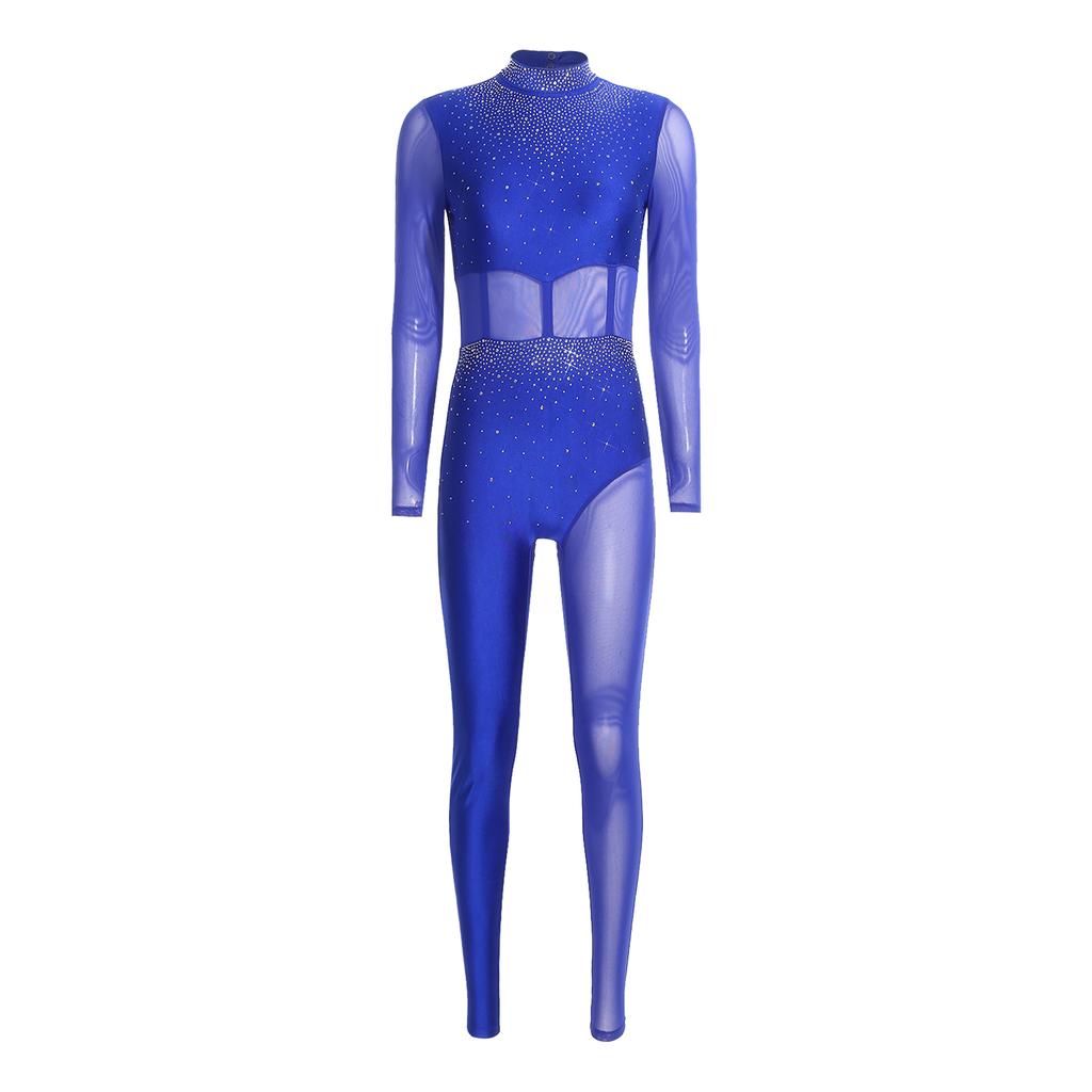 Womens Gymnastics Unitard Bodysuit Rhinestone Sheer Mesh Patchwork Cutout Back Full Body Jumpsuit Figure Skating Wear