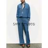 Patch Pocket Long Sleeves Lapel Denim Shirt 4387027 Thin Belt Wide Leg High Waist Denim 4387025