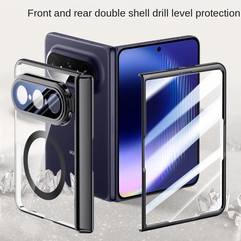 Magnetic Ring Transparent Privacy Screen Tempered Glass Protector Case For Huawei Pura X Max Spring Hinged Holder Back Cover