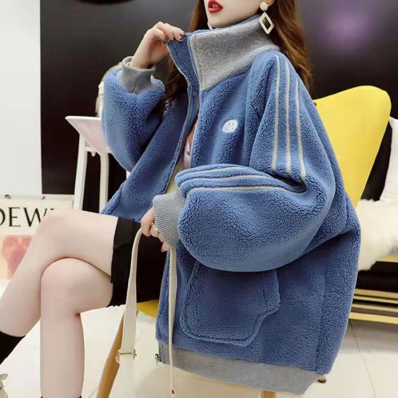 Women s Trendy Korean Style Lambswool Jacket - Autumn/Winter, Loose Fit, Plus Size, Warm, Versatile Cardigan. 3XL синий