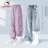 Hellokitty Girls' Fleece-Lined Pants Autumn and Winter Integrated Fleece Straight-Leg Pants Children's Thickened Jeans Big Kids' Long Pants