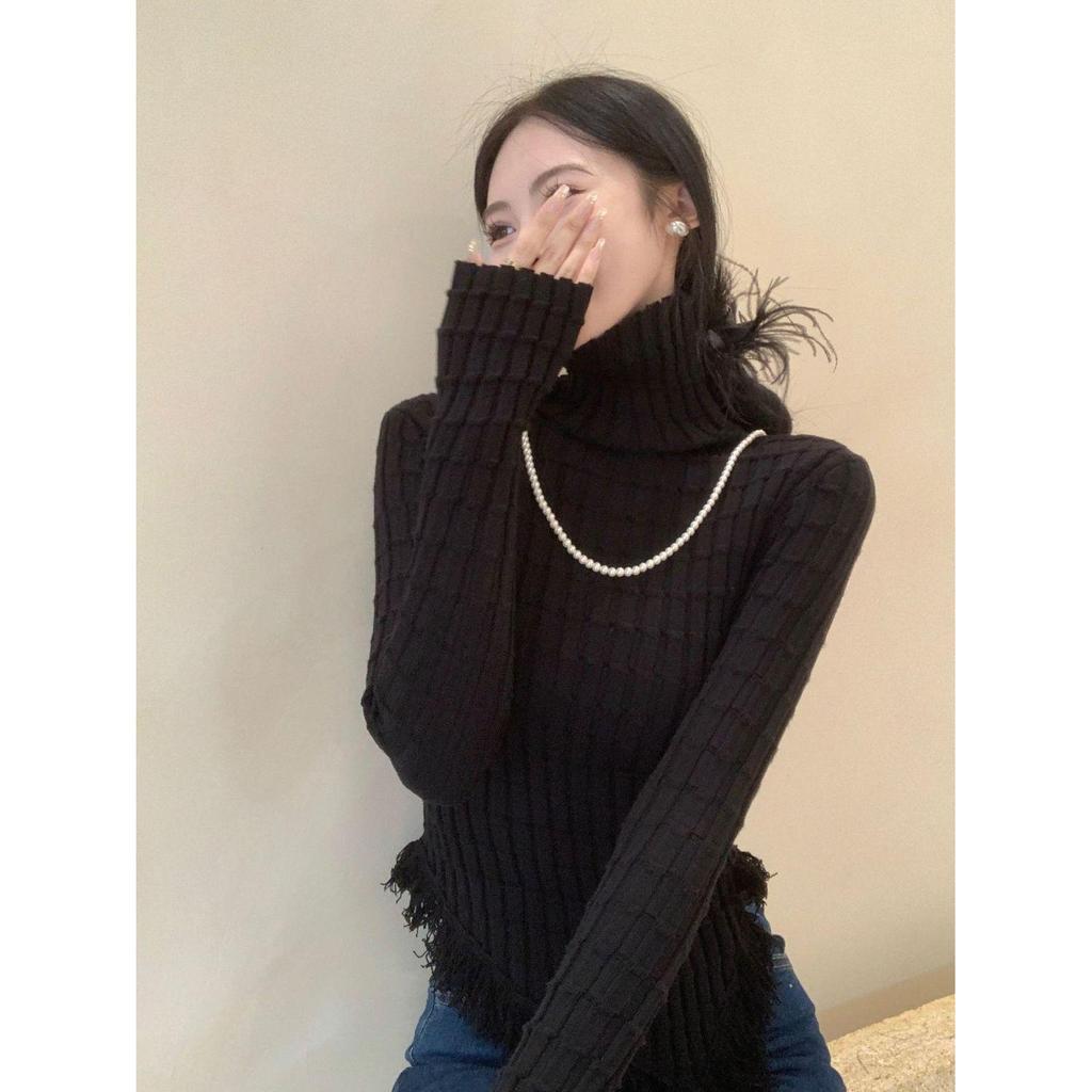 Women's Slim Fit High Neck Knitted Fringe Sweater - Winter Fashion Long Sleeve Pullover