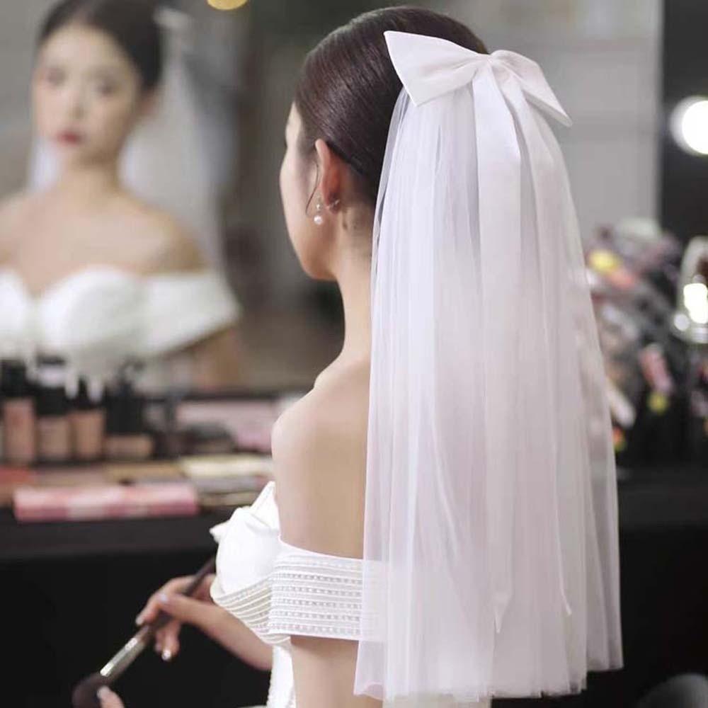 Șal Articol de Acoperit Cap Alb Mireasă Romantic Articol de Acoperit Cap de Mireasă Voal Frumos cu Fundă Lungă din Satin Biserică