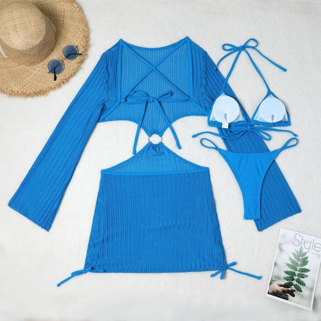 With Long Sleeve Cover Up Halter Bikini Women Swimwear Female Swimsuit Three-pieces Bikini set Bather Bathing Suit Swim