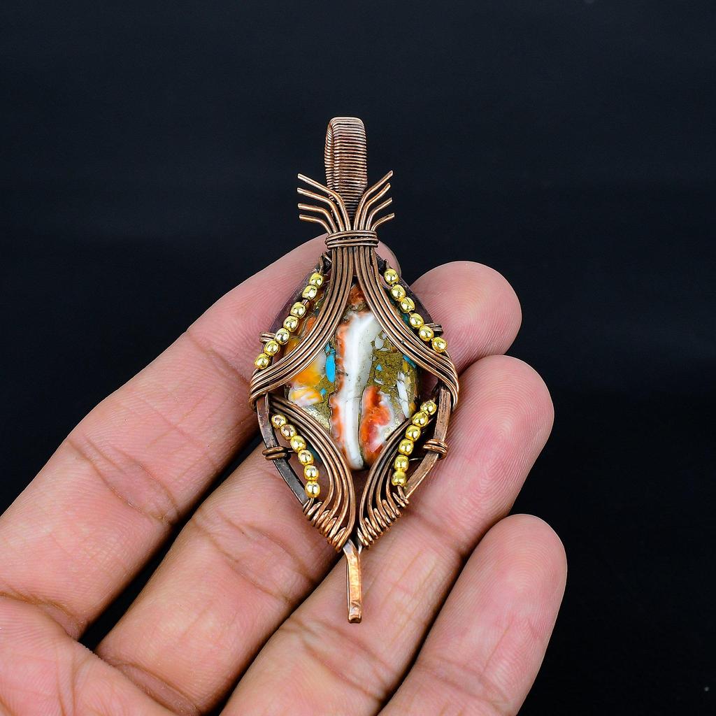 Anhänger aus Orangefarbener Stachelmuschel, 999 Kupferdraht umwickelter Edelsteinschmuck, Handgefertigter Anhänger Erstaunlicher Schmuck, Geschenk für Sie