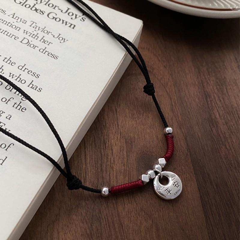 Adjustable 999 Sterling Silver Chinese Fu Necklace for Women with Safe Auspicious Cloud Buckle & Hand-woven Rope