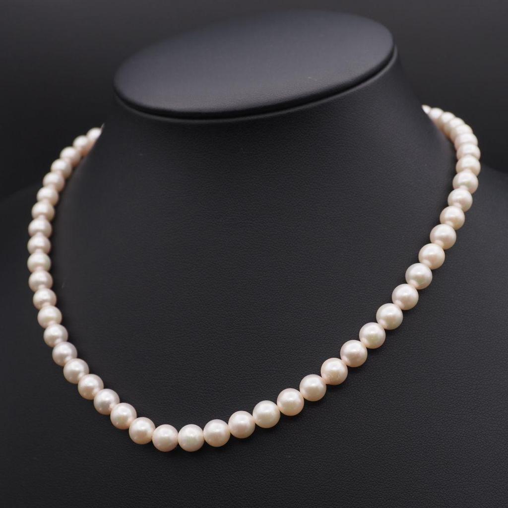 Used V342 Genuine Pearl 6.7mm Pearl SILVER Engraved Necklace Design Silver June Birthstone