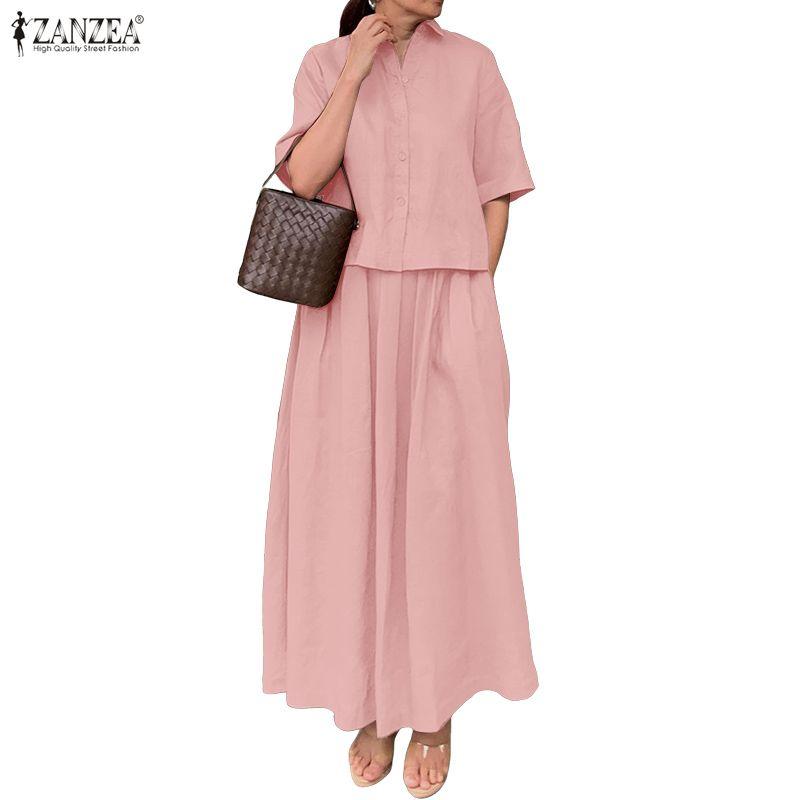 ZANZEA Women Half Sleeve Blouse and Long Skirts Casual Two Piece Suit Sets