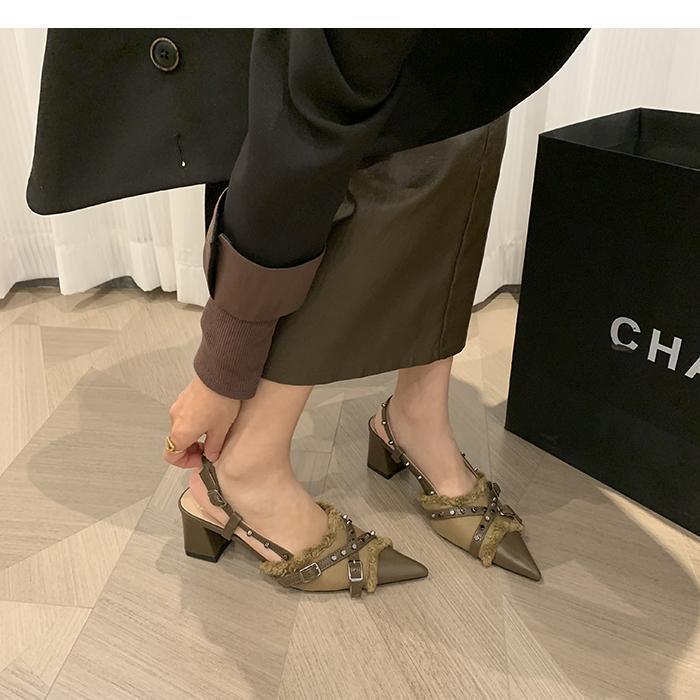 

French retro single shoes women s spring new products pointed head western denim bag head empty sandals thick heel high heels look thin 39 армия зеленый