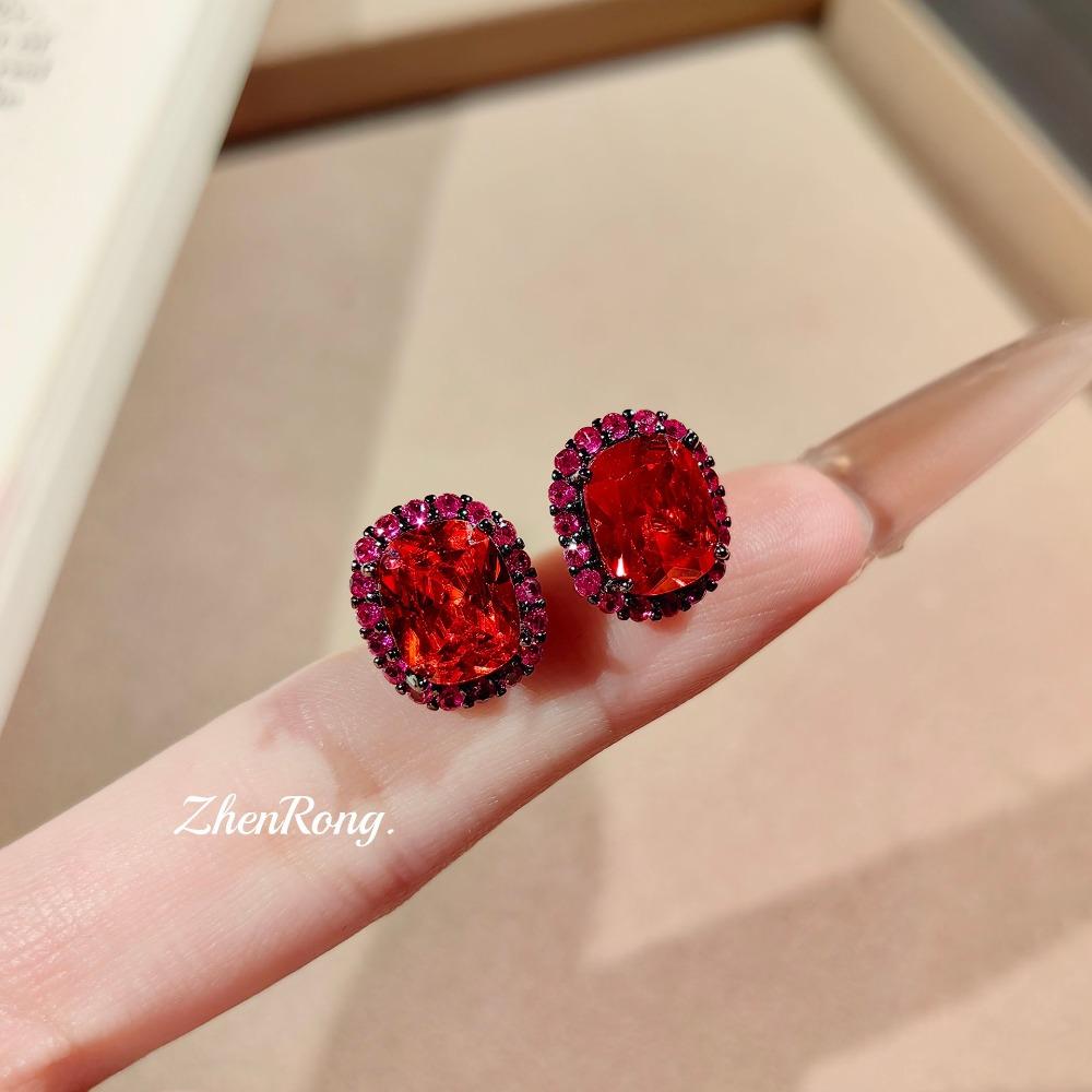 Fashion Women Jewelry Set Diamond Garnet Pendant Necklace Red Gemstone Ring Earrings Simple Elegant Luxury Accessories