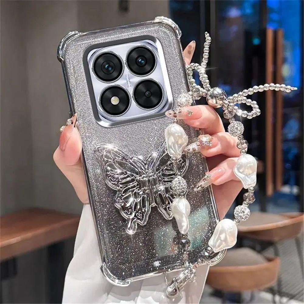 Pearl Bracelet Butterfly Stand Phone Case For Xiaomi Redmi Note 14 Pro 13 14 Pro Plus 14S 4G 5G Glitter Shockproof Silicon Cover