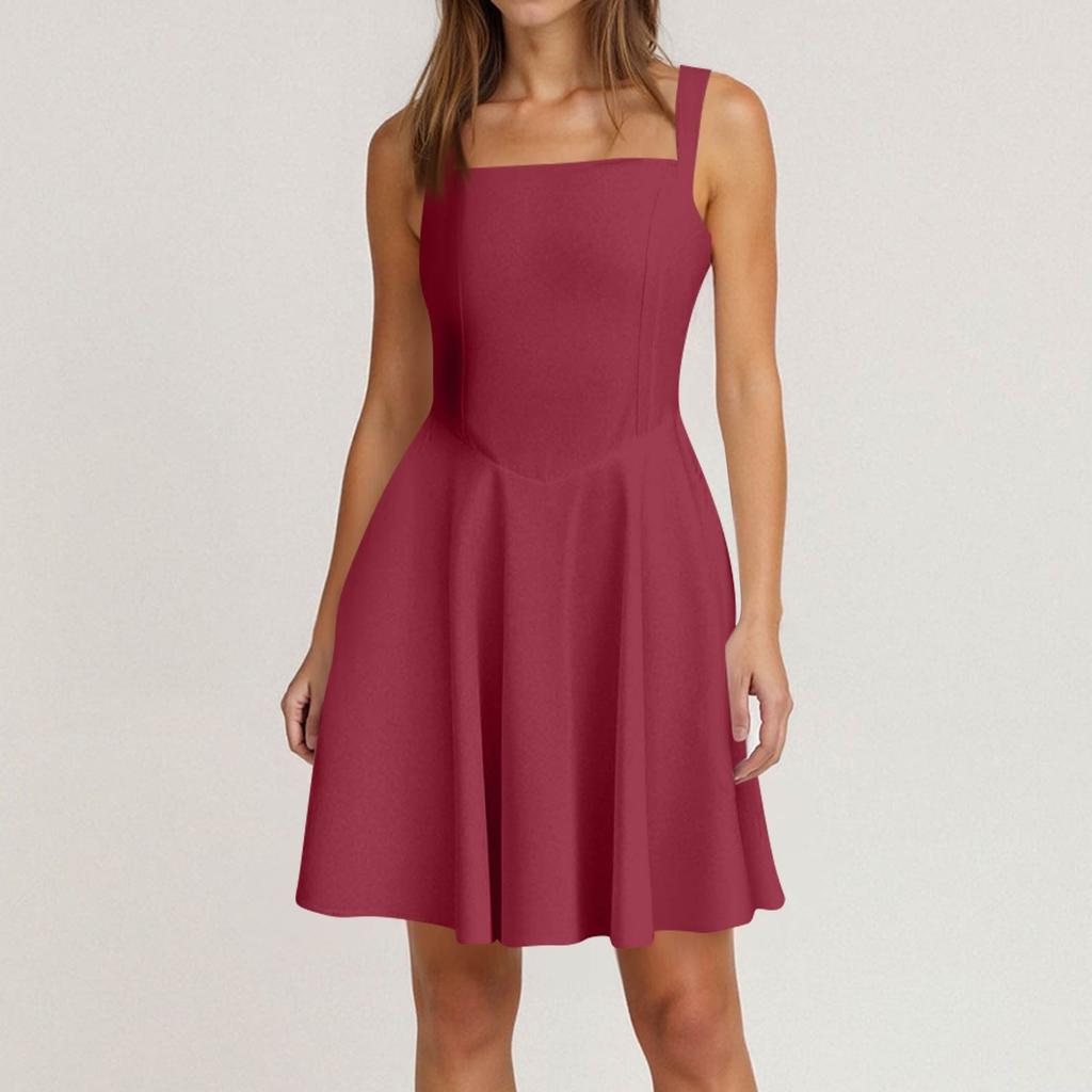 Women's Spring Summer Casual Square Neck Solid Colour Dress  Sleeveless Dresses