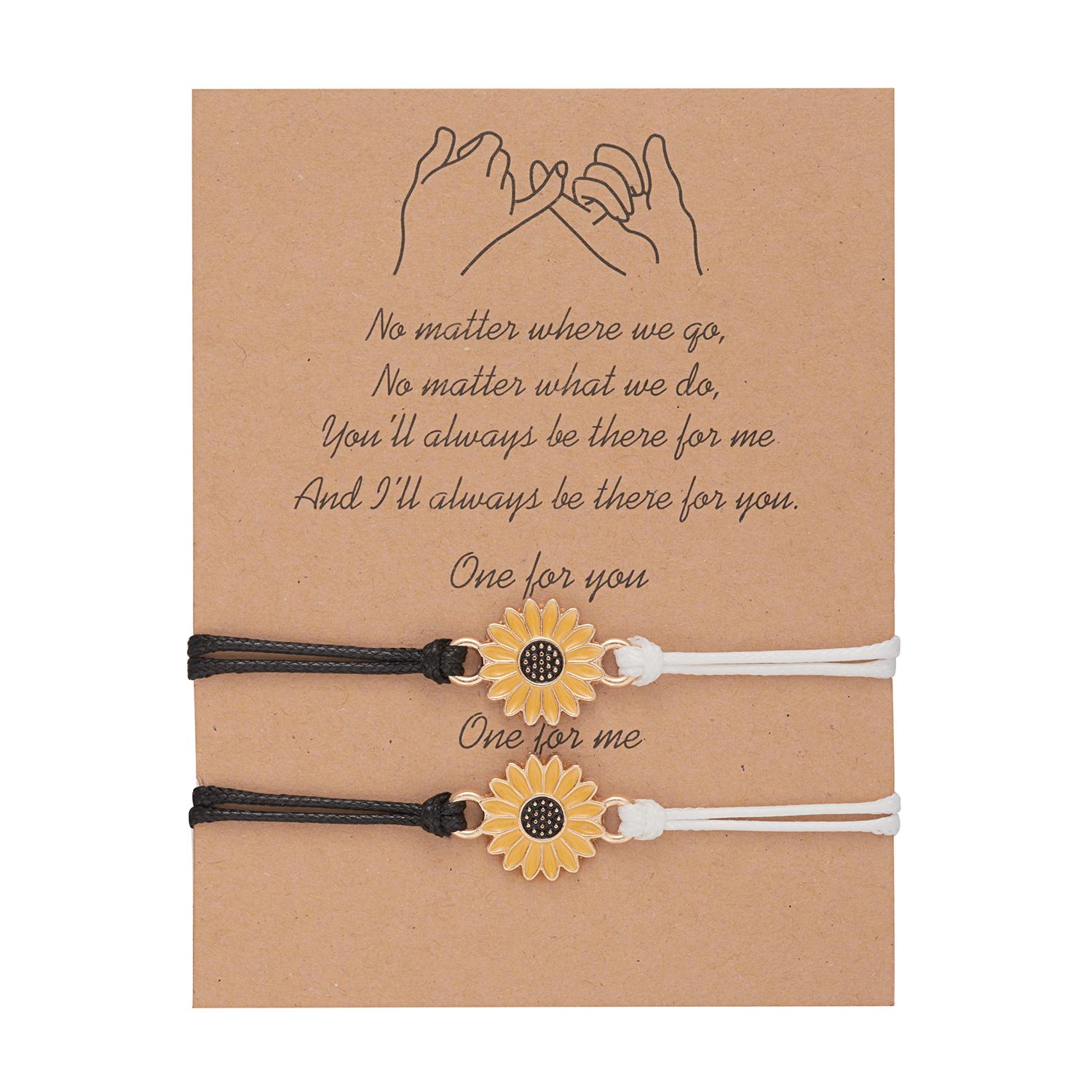 

2pcs/set Sunflower Bracelet Daisy Flower Handmade Braided Rope Adjustable Charm Bracelets Couple Lover Promise Wish Card Jewelry