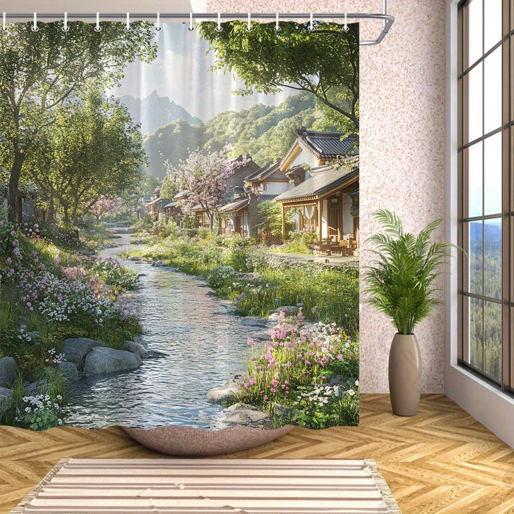 Japanese Village Stream Shower Curtain - Cherry Blossoms & Traditional Houses, Polyester, Tranquil Bath Decor with Vivid Imagery W90xH180cm