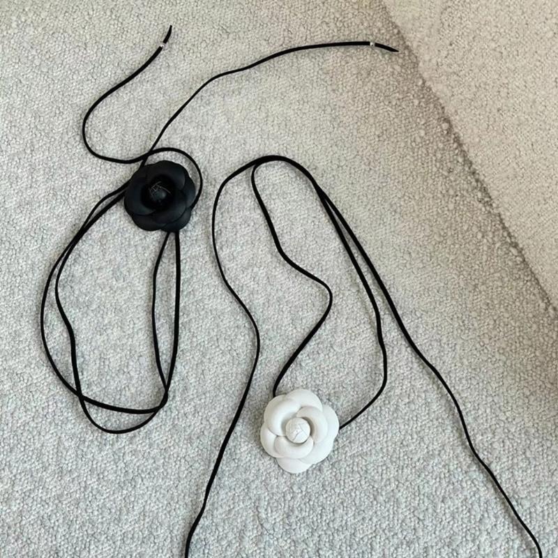 Elegant Sweet Camellia Choker Neckband Flower Collar Necklace Vintage Choker Long Lace Up Necklace Fashion Jewelry