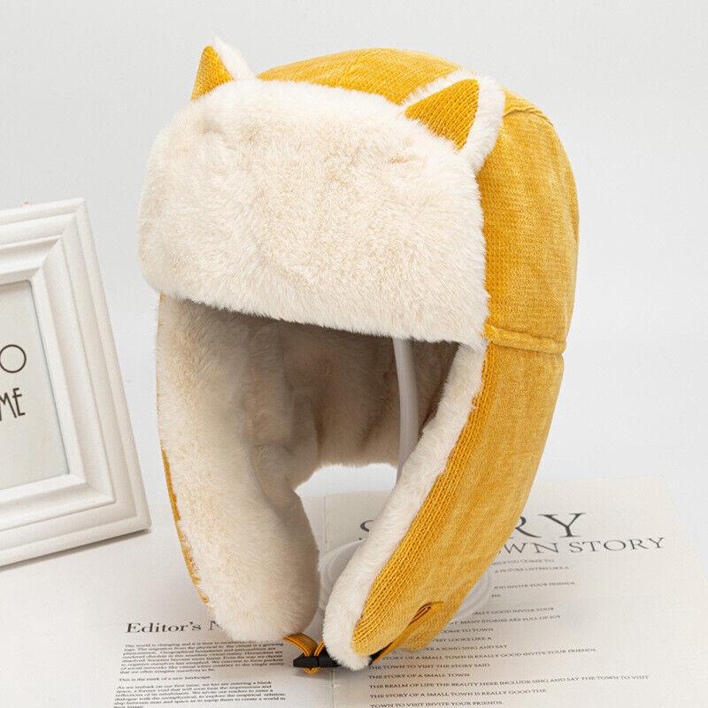 Women Earflap Cap Ushanka Trapper Hat Cat Ear Faux Fur Fluffy Windproof Warm Hat