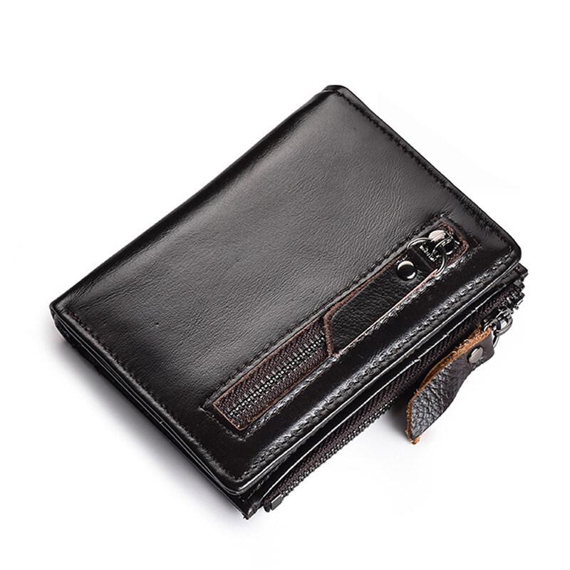 

Кошелек из натуральной кожи, мужской, короткий, вертикальный, держатель для карт, портмоне, на молнии темный кофе