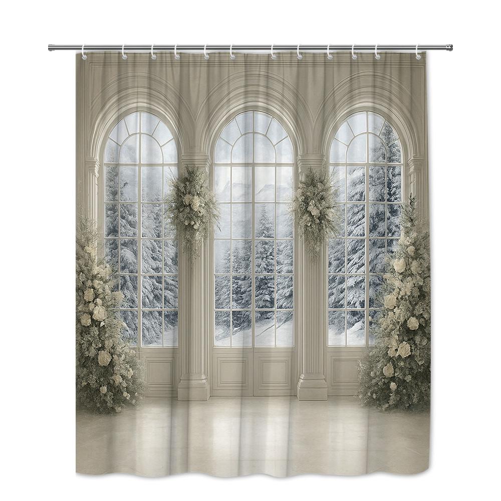 Winter Wonderland Shower Curtain Snowy Forest View Through Classical Arched Windows Elegant Home Decor Waterproof Elevate Space