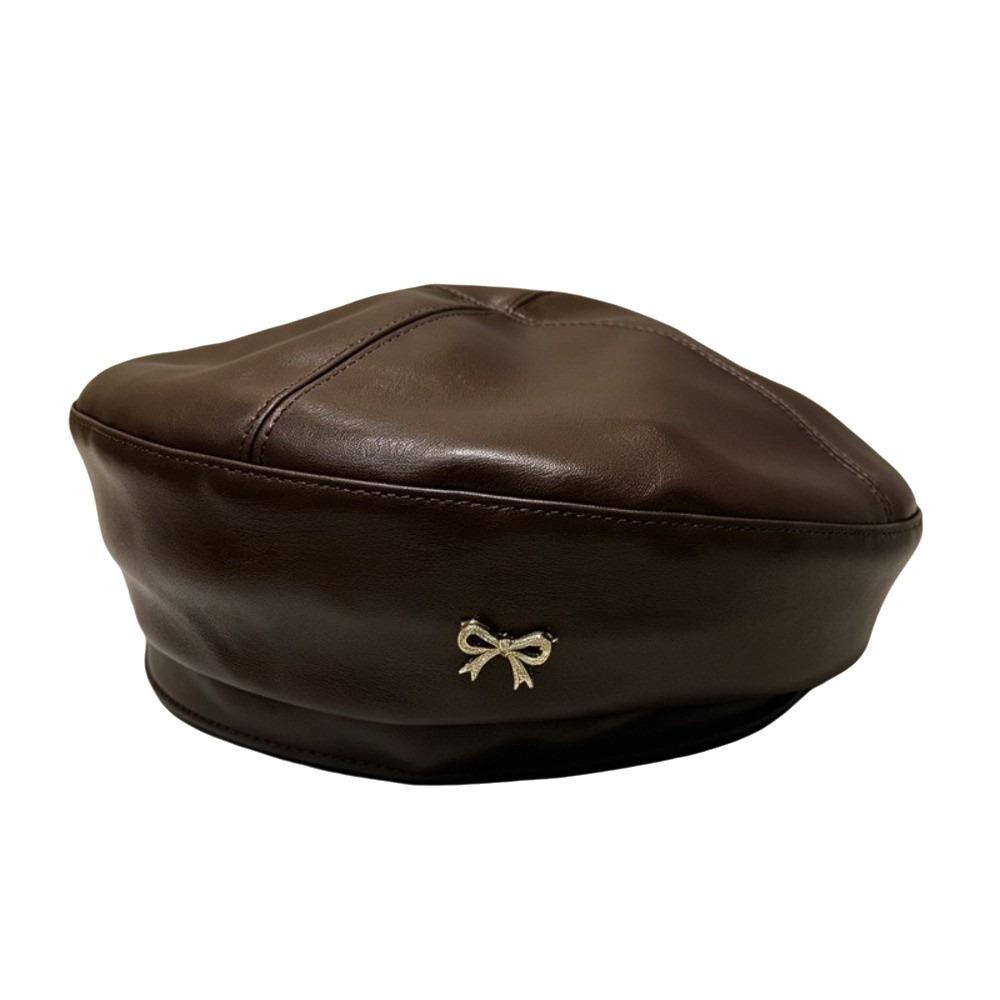 Bow Octagonal Hat Solid Color Painter Hat Fashion PU Leather Beret Ladies