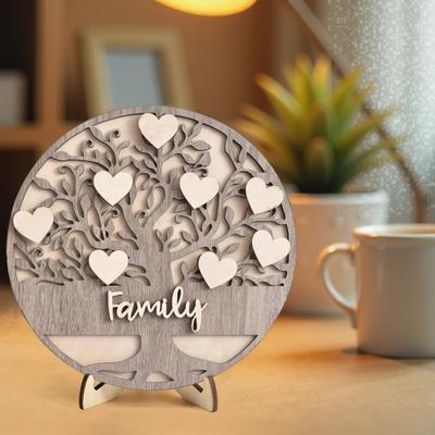 Wooden Family Tree Rustic Family Love Tabletop Sign Layered Heart Tree Ornament with Stand for Mother's Day Gift Mantel Shelf Decoration