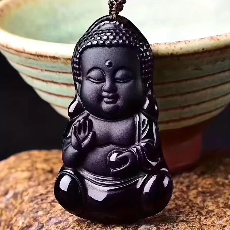 Genuine Obsidian Baby Buddha Pendant - Natural Gemstone Hanging Ornament