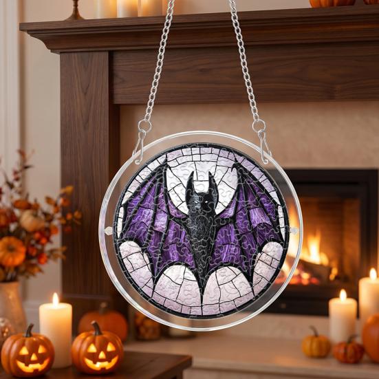 yangyizhi Halloween Scary Bat Pumpkin Acrylic Jigsaw Puzzle Suncatcher, Stained Glass Style Window Hanging Decor for Home, Garden, Gift Family Friends