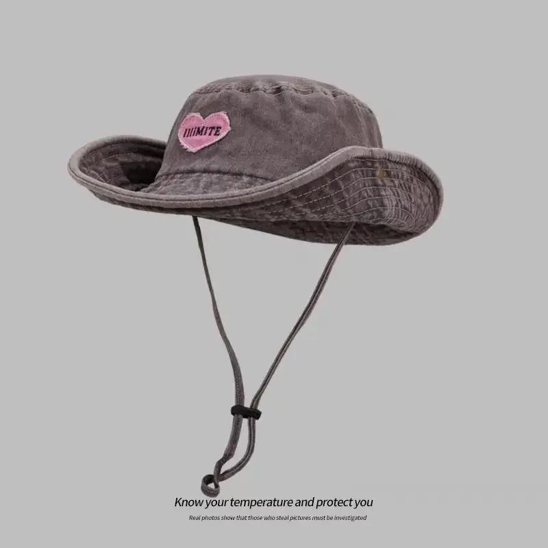 Japanese Retro Washed Cowboy Bucket Hats for Women Spring Summer Outdoor Camping Sun Protection Sweet Pink Love Fisherman Caps