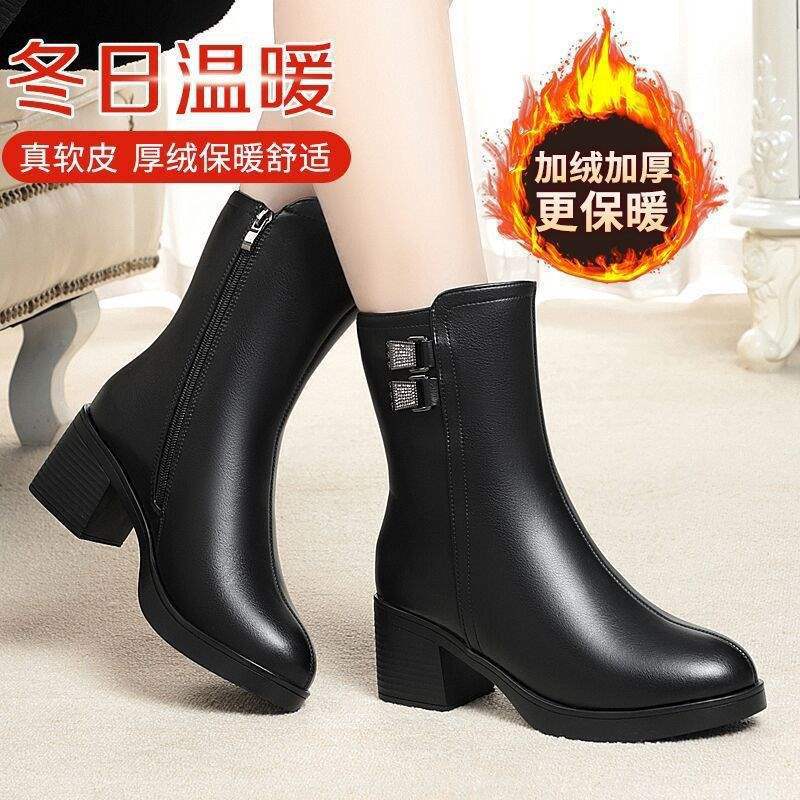 

Winter warm wool women s boots real soft leather short boots piled thickened cotton boots medium boots mother cotton shoes thick heel 40