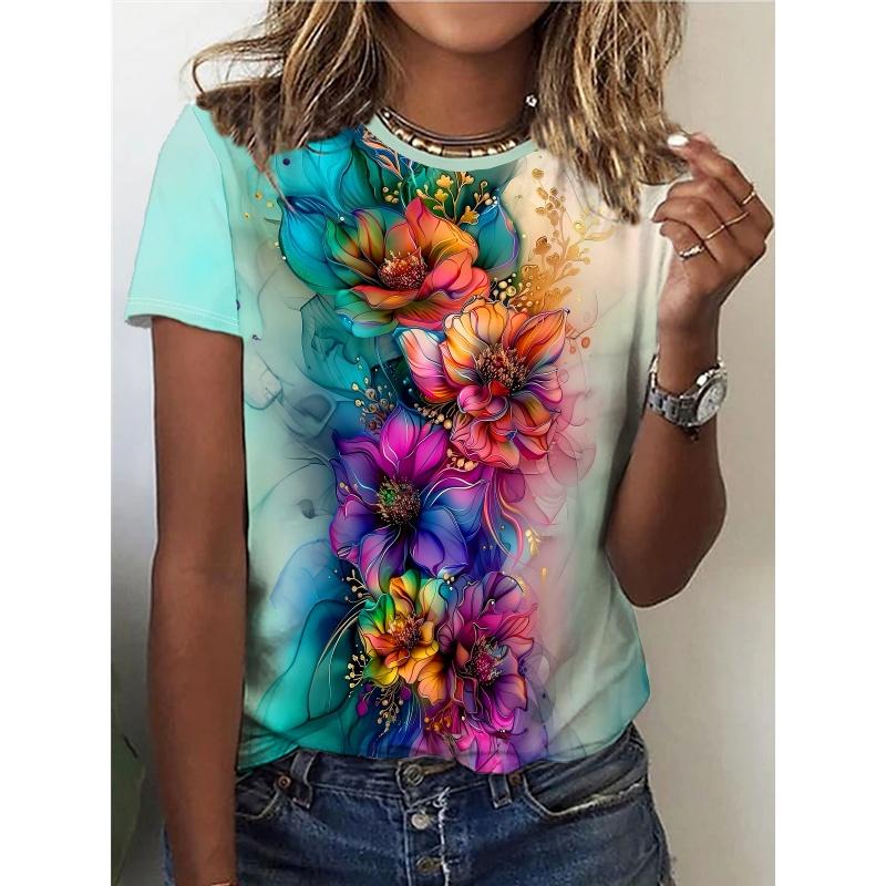 3D Printed Flower Plants T Shirt For Women Butterfly Graphic Short Sleeves Summer Street O-Neck Tees Tops Loose T-Shirts