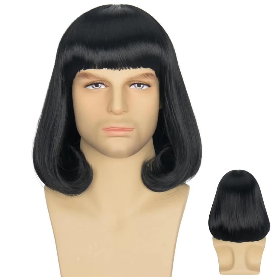 Synthetische Unisex Zwarte Rechte Flip-in Korte Volledige Pony Realistische Halloween Cosplay Bob Pruik met Pony Lord Farquaad Pruik zwart